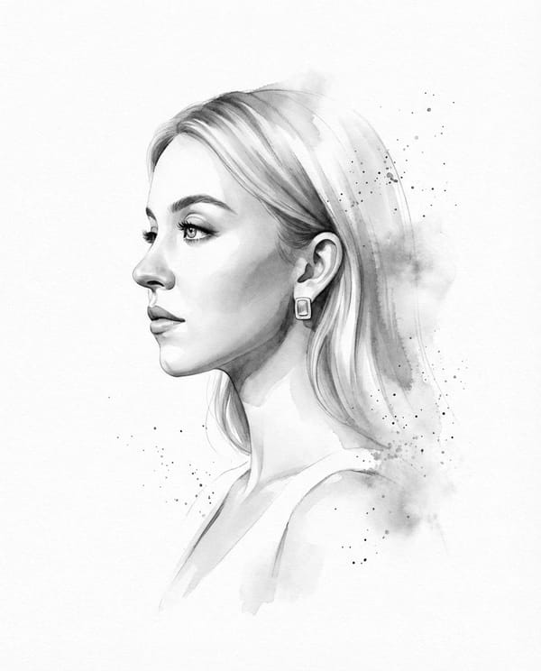 Transform the input photo into a refined monochromatic ink portrait on a pure white background.…