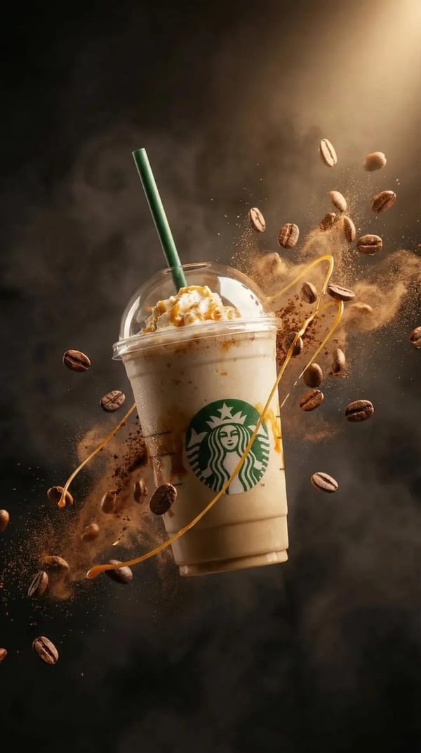 Ultra-realistic commercial product photography of a caramel frappuccino in a clear plastic cup…