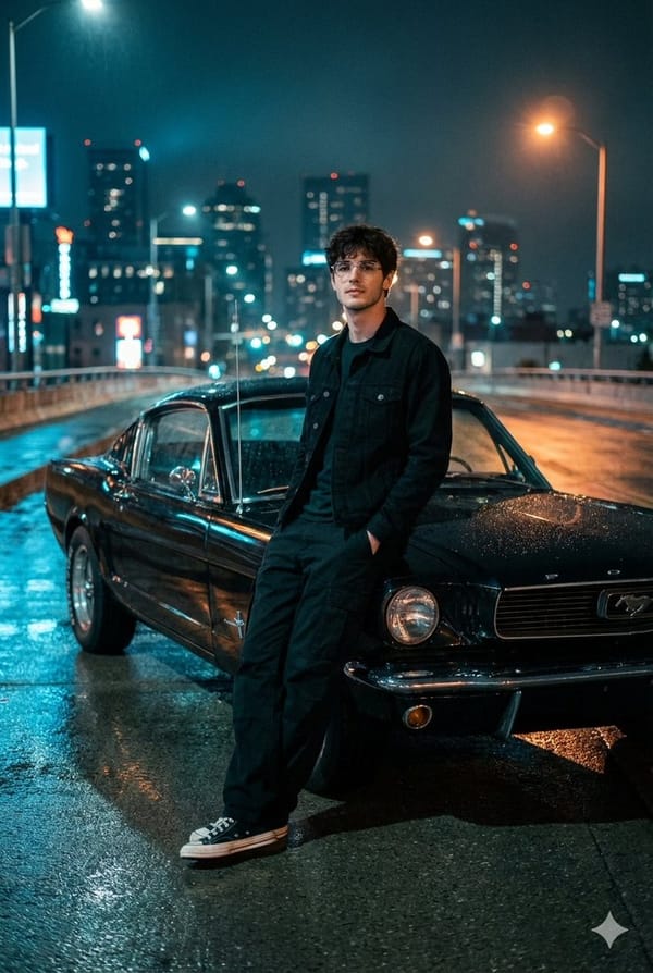 A Cinematic Night Photo On A Dimly Lit Urban Overpass With A View Of The City Skyline. In The F…