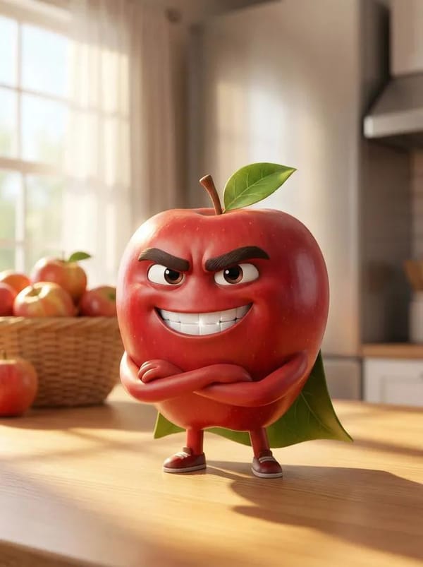 A Pixar-style 3D animated character of a single red apple. Handsome male character with sharp c…