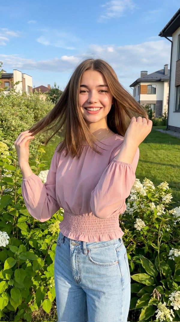 A cheerful young woman standing outdoors in a lush green garden, smiling brightly while gently hold… prompt example