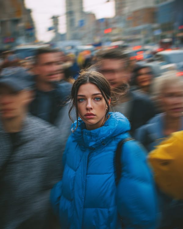 Ultra-realistic cinematic street portrait of a young woman in a bright blue puffer jacket standing… prompt example