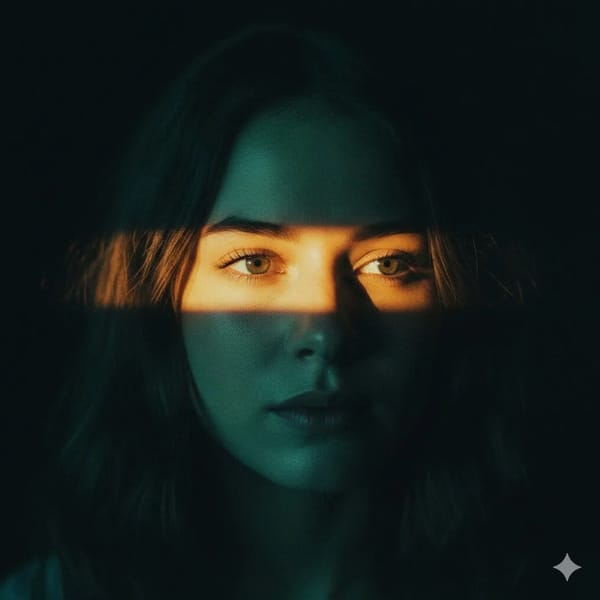 Ultra-realistic cinematic portrait of a young woman with soft brown hair, centered composition,…