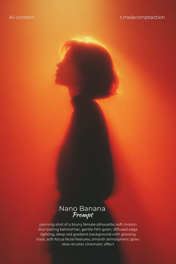 panning shot of a blurry female silhouette, soft motion blur trailing behind her, gentle film grain… prompt example