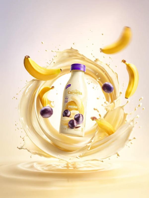 Premium banana milk drink bottle surrounded by swirling milk splash, floating bananas and berries,… prompt example