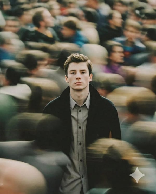 A cinematic portrait of a young man standing still in the middle of a busy crowd, sharp focus o…