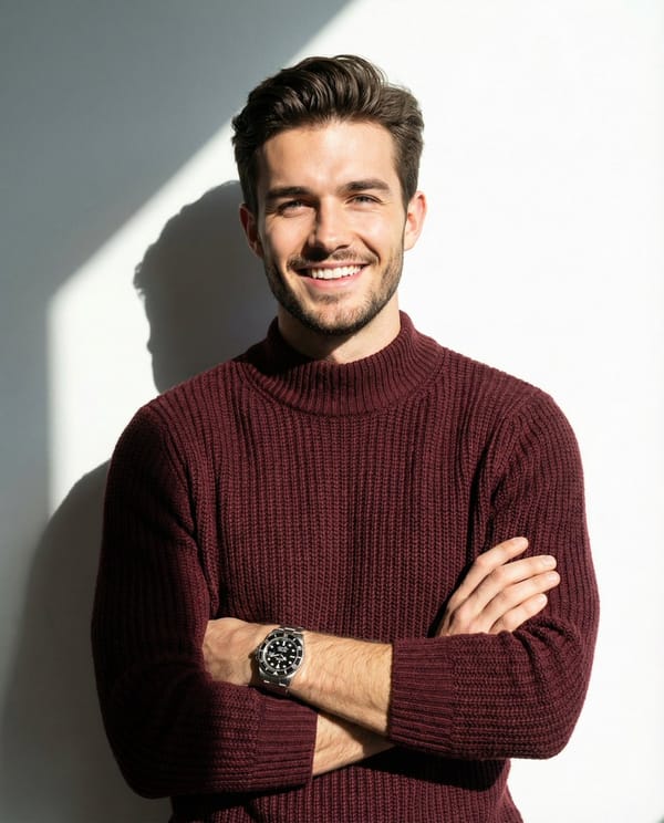 A man smiling and posing with his arms crossed, wearing a maroon knitted high-collar sweater, with… prompt example