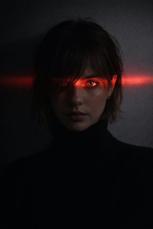 Ultra-realistic dramatic portrait of a man or woman (from uploaded image), messy hair over one eye,… prompt example