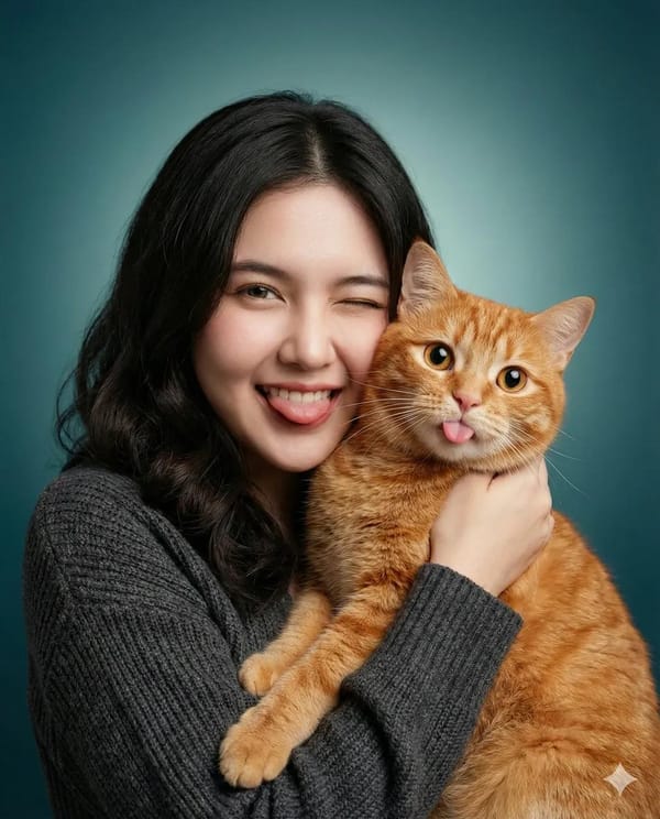 A heartwarming studio portrait of a young woman holding a cute orange tabby cat close to her fa…