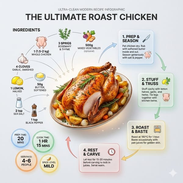Ultra-clean modern recipe infographic. Showcase Roast chicken in a visually appealing finished form… prompt example