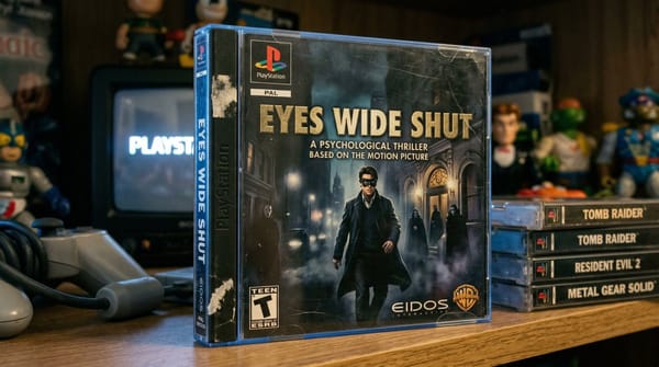 playstation 1 game case with a movie tie-in game that seems like a real game you may have played ba… prompt example