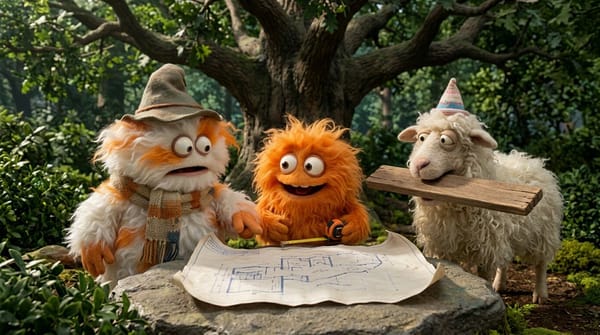 Create a funny 4-part story featuring 3 fluffy creatures building a treehouse. The story has emotio… prompt example