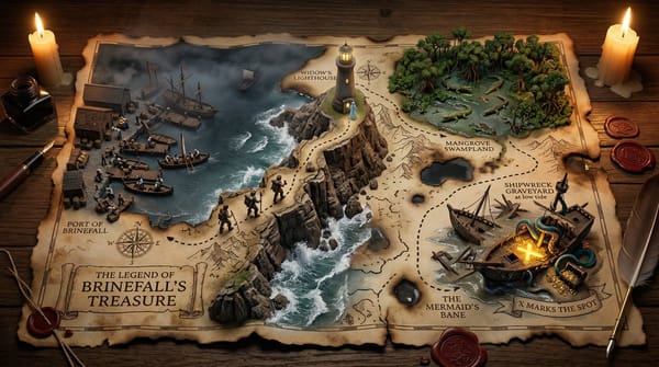 A hand-drawn treasure map on aged parchment, with the adventure erupting into three-dimensional que… prompt example