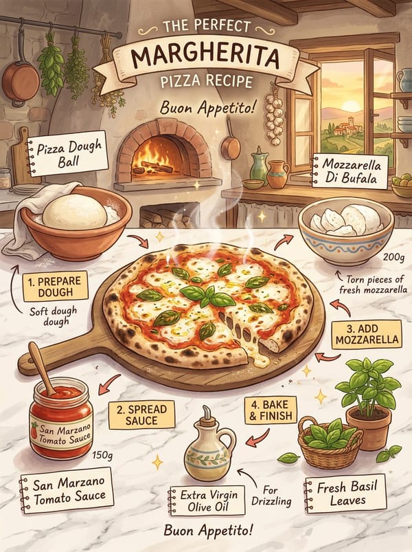 margherita pizza recipe infographic, Studio Ghibli inspired illustration, traditional Italian kitch… prompt example