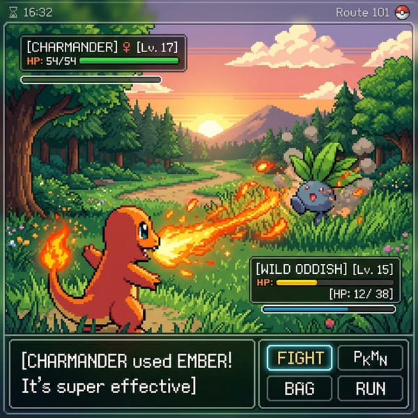 inspired by a classic pokemon gameboy screenshot but it's highly detailed beautiful pixel art, incl… prompt example