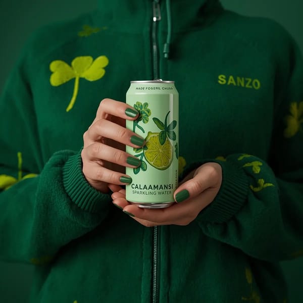 A photorealistic product shot of a person holding a slim, light green can of Sanzo Calamansi Sparkl… prompt example