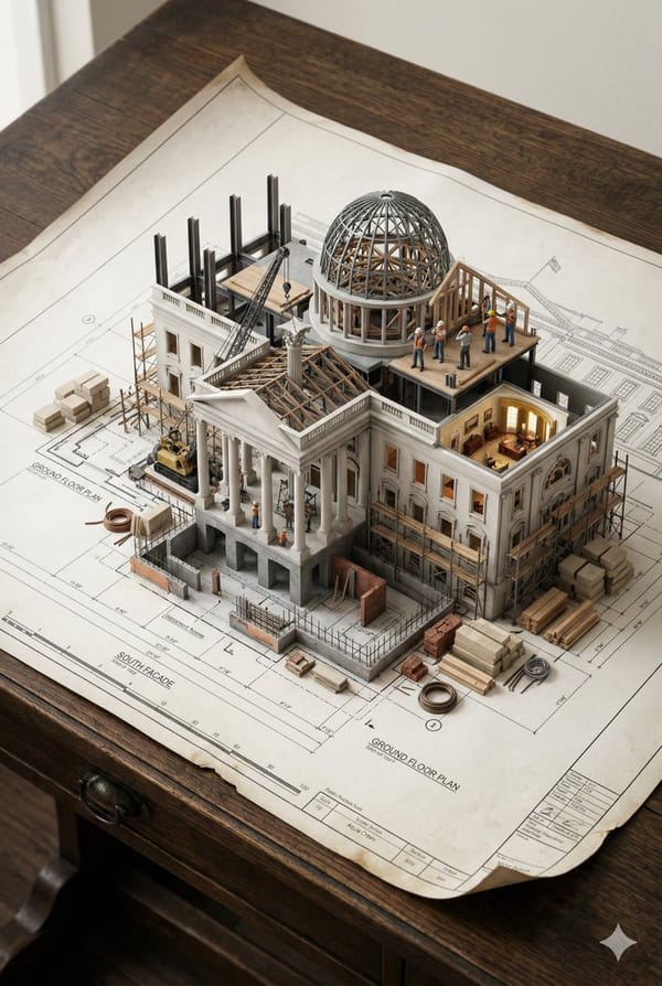 An architectural blueprint of [BUILDING_NAME] placed on a {SURFACE}, with a photorealistic miniatur… prompt example