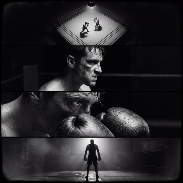 Create a single film noir–style cinematic image divided into four horizontal panels, all depict…