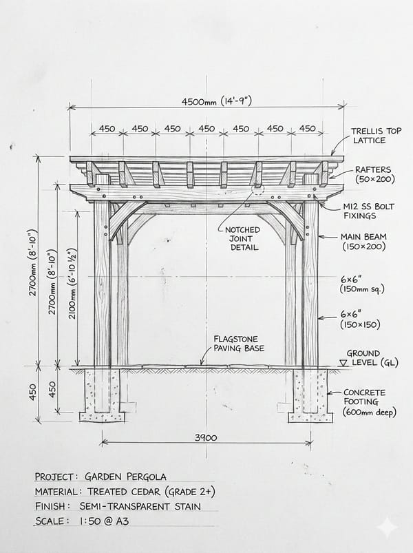 Pergola Blueprint Prompt: Hand-drawn architectural pencil sketch of a wooden garden pergola on whit… prompt example