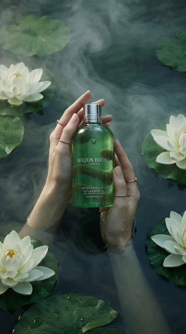 Luxury product photography of a green translucent bath and shower gel bottle held gently by two fem… prompt example