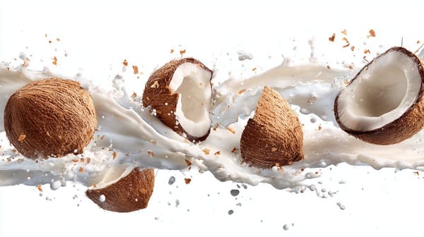 a photo of sliced [ingredient] in mid-air. the background is white, with some [matching juice/sauce… prompt example