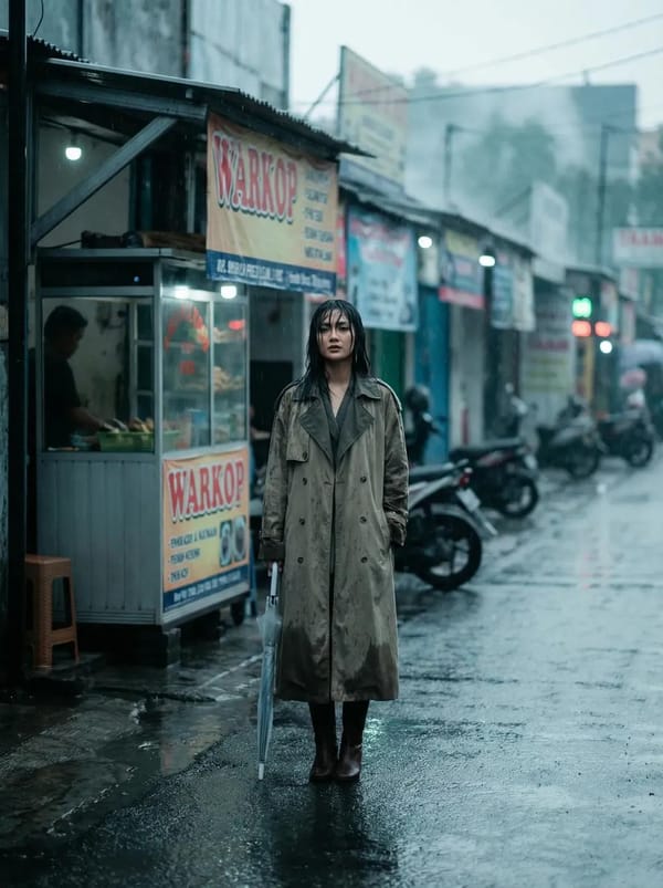 Full body fashion editorial of a beautiful Indonesian woman, wet pavement outside warkop, soft…