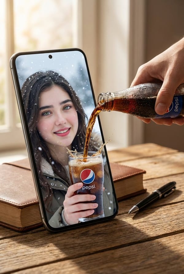 A hyper-realistic surreal composite scene set on a wooden tabletop. A large oversized smartphone do… prompt example
