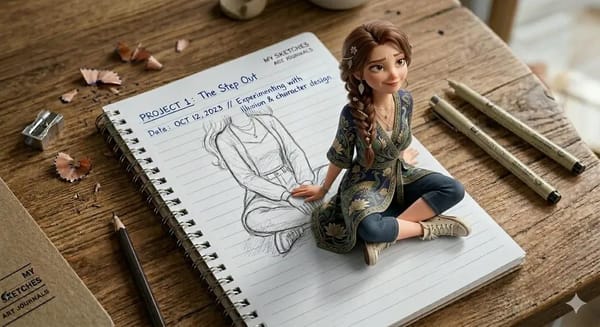 A creative 3D illusion artwork of a cute young girl stepping out of a spiral notebook page placed o… prompt example