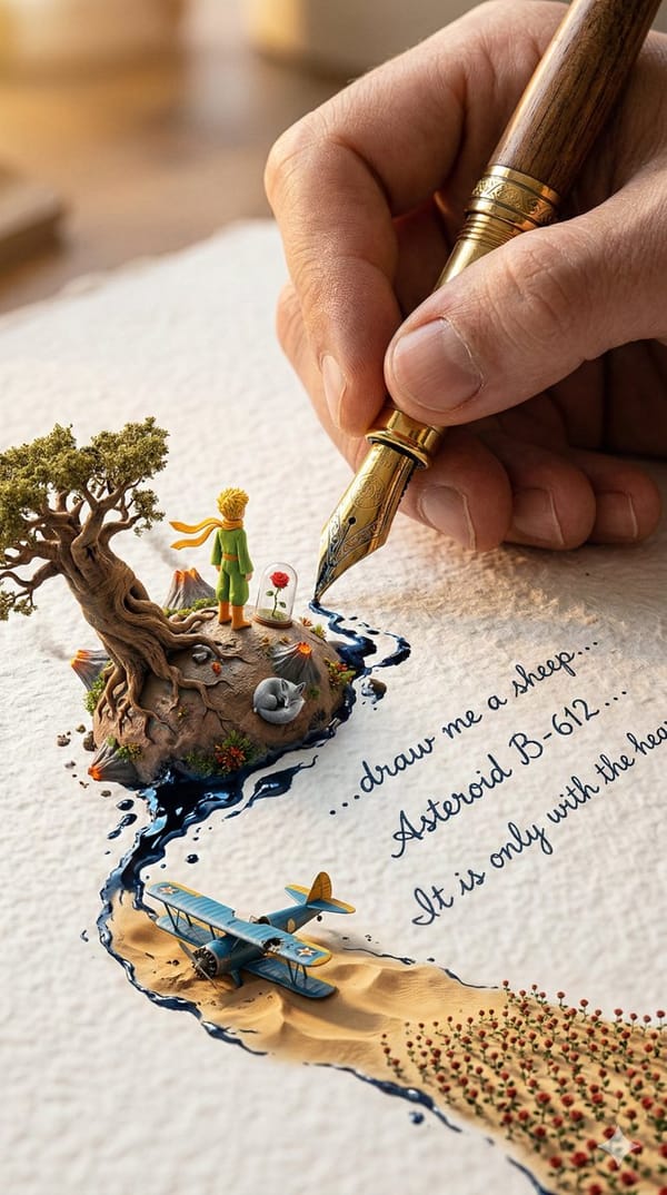 A colossal hand gripping an enormous vintage fountain pen, captured in vertical portrait format (9:… prompt example