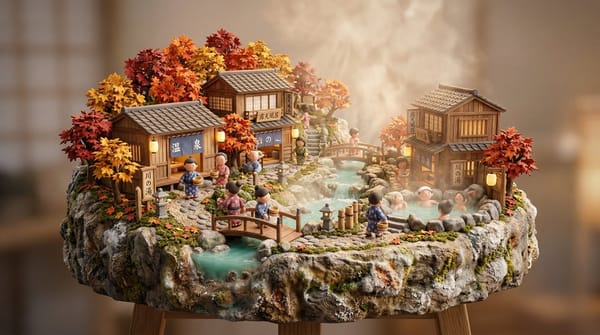 3D miniature scene, a [JAPANESE ONSEN VILLAGE] with [wooden bathhouses, steam rising from natural h… prompt example