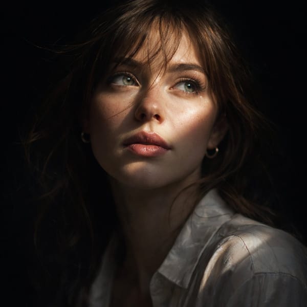 Hyper-realistic cinematic Create an 8k close-up portrait of a beautiful woman with medium, brown, s… prompt example