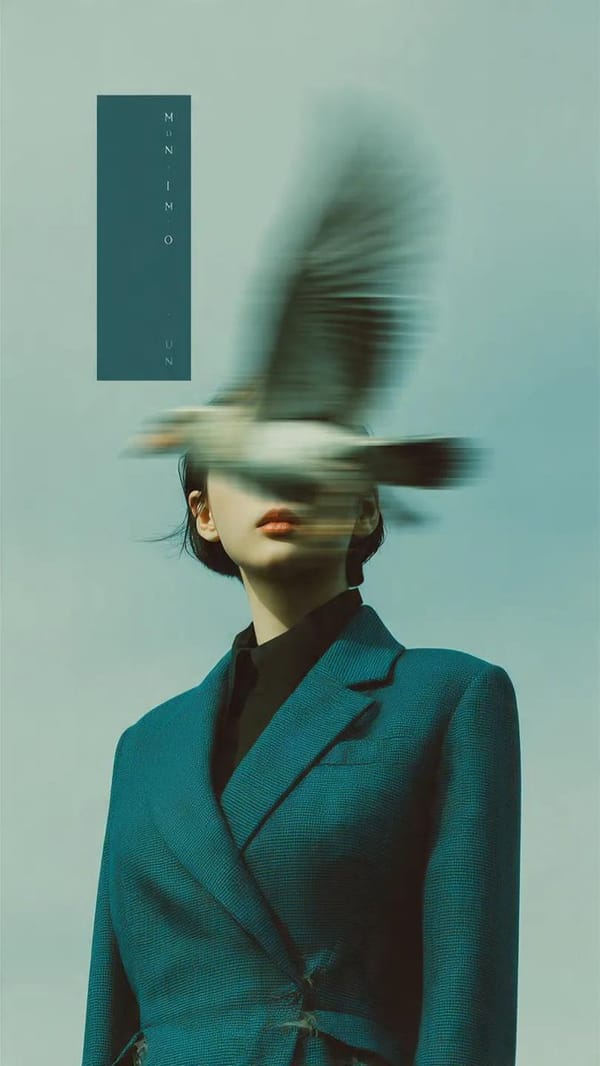 Editorial photography, a woman wearing a structured deep teal blazer standing against a pale bl…