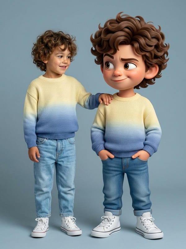 Ultra-high-quality hyper-realistic photo featuring a real human and a giant 3D Pixar-style version… prompt example