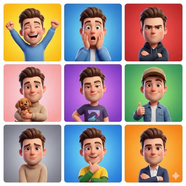 3D cartoon avatar character showing different emotions arranged in a 3x3 grid, same male charac…