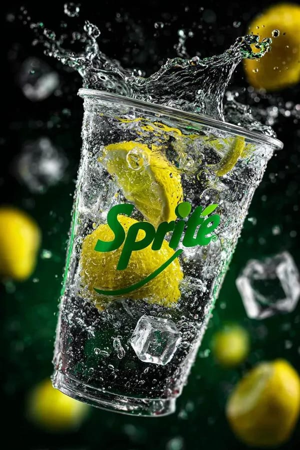 A transparent cup filled with fresh Sprite lemon soda floating in the air, surrounded by sparkling… prompt example