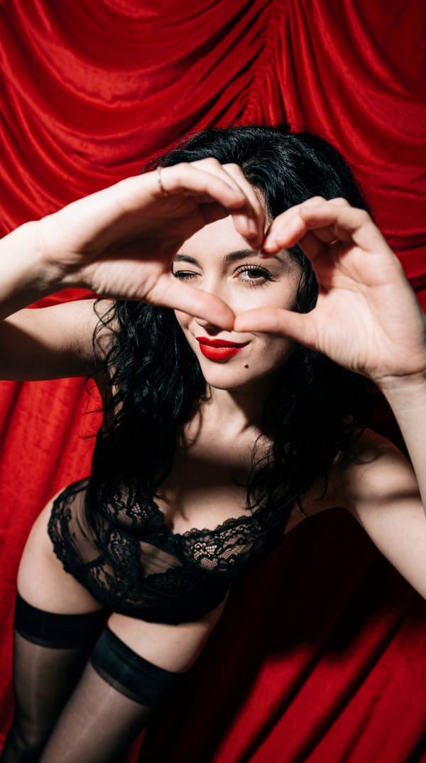 Subject: A young woman with wavy, tousled jet-black hair. She has a flirtatious expression with…