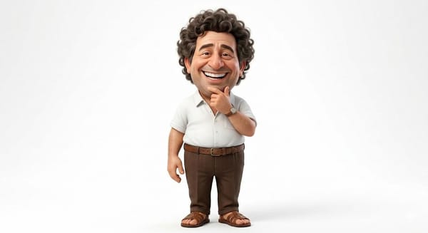 A highly detailed 3D caricature of a cheerful man with an oversized head, a big smile showcasing la… prompt example
