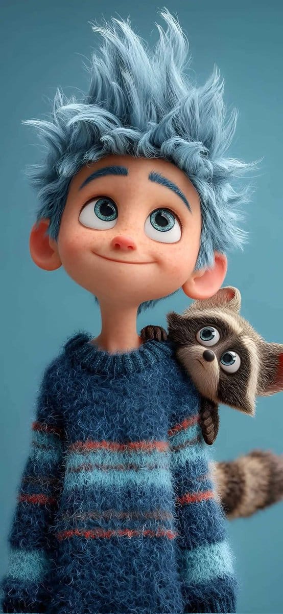 Cute stylized 3D animated boy with messy fluffy blue hair and big expressive eyes, soft freckles on… prompt example