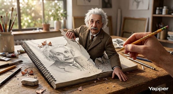 Hyper-realistic 3D illustration of Albert Einstein emerging from the pages of a sketchbook drawing,… prompt example