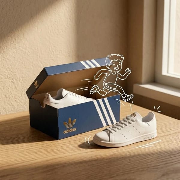 Adidas sneakers in the box, minimalist product photography, clean warm studio scene, textured b…