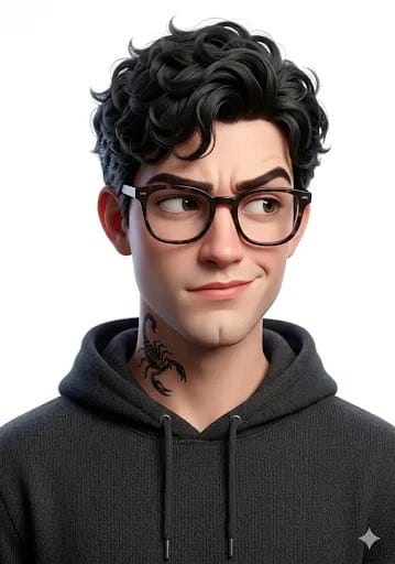 3D stylized character portrait of a young man, curly dark hair, wearing black round glasses and a d… prompt example