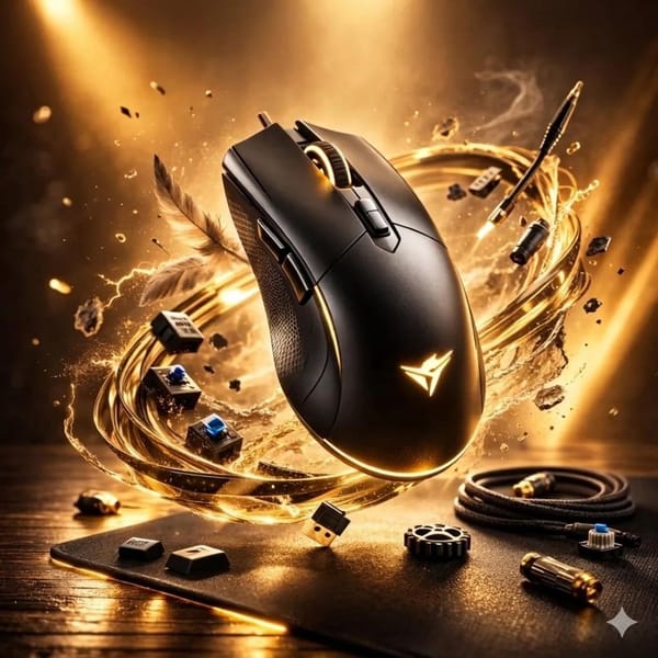 Ultra-realistic gaming mouse floating above a desk, surrounded by glowing golden energy rings a…