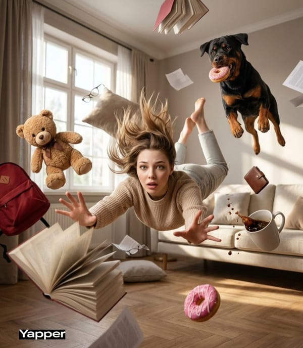 Cinematic surreal scene of a young woman falling forward through a swirling vortex of everyday obje… prompt example