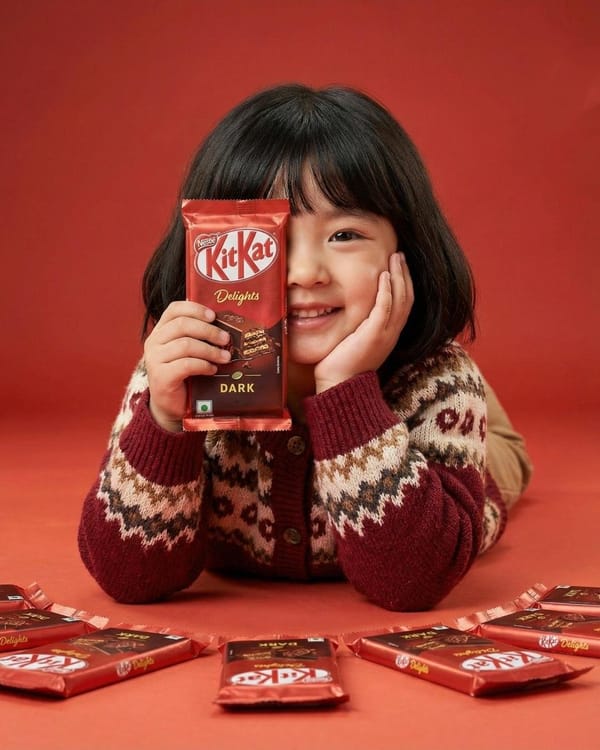 A cute young girl with short black hair and bangs smiling while holding a red KitKat Dark chocolate… prompt example