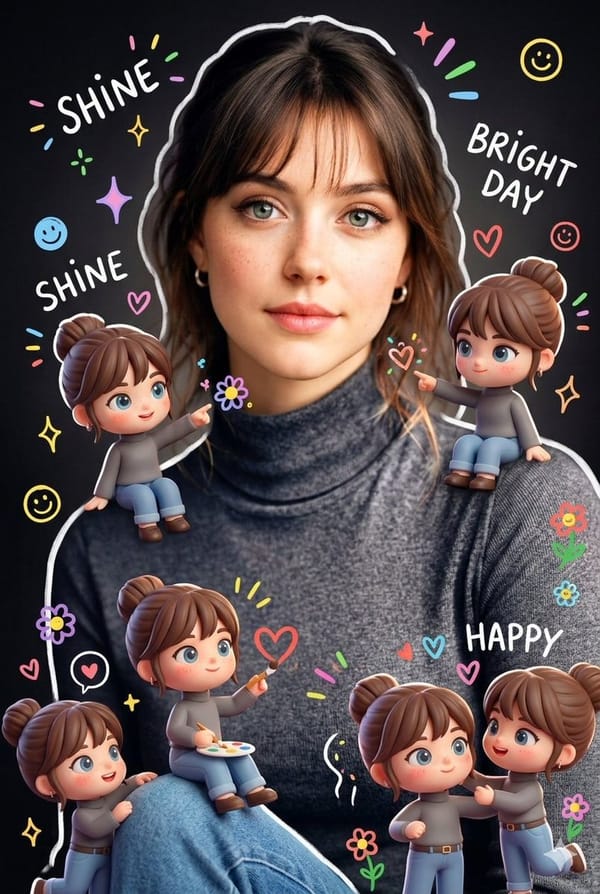Surrounding the realistic main subject are multiple cute, 3D-style chibi miniatures of the same per… prompt example