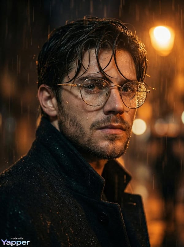 Cinematic close-up portrait of a young man standing in heavy rain at night, wearing round metal…