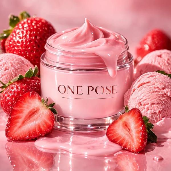 Ultra-realistic luxury skincare product photography featuring a glass cosmetic jar labeled “ONE…