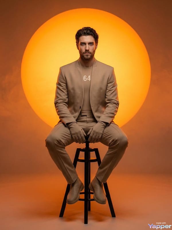 A man with short curly hair and light facial hair sitting on a tall black stool, centered compositi… prompt example