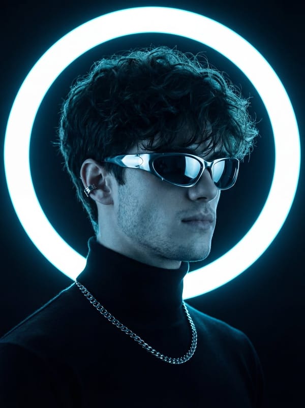 captured in a dark studio environment with a strong minimalist and futuristic aesthetic. The su…