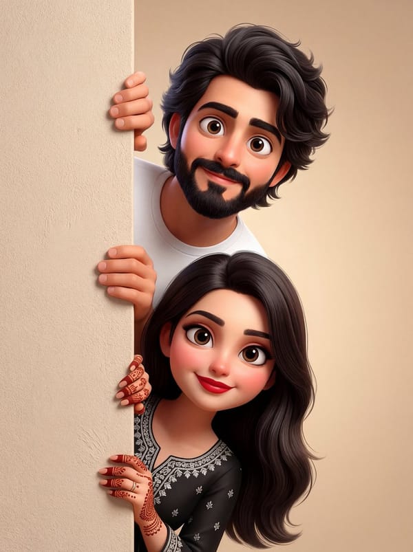 High-quality stylized 3D Pixar/Disney style cartoon illustration of a man and woman playfully peeki… prompt example